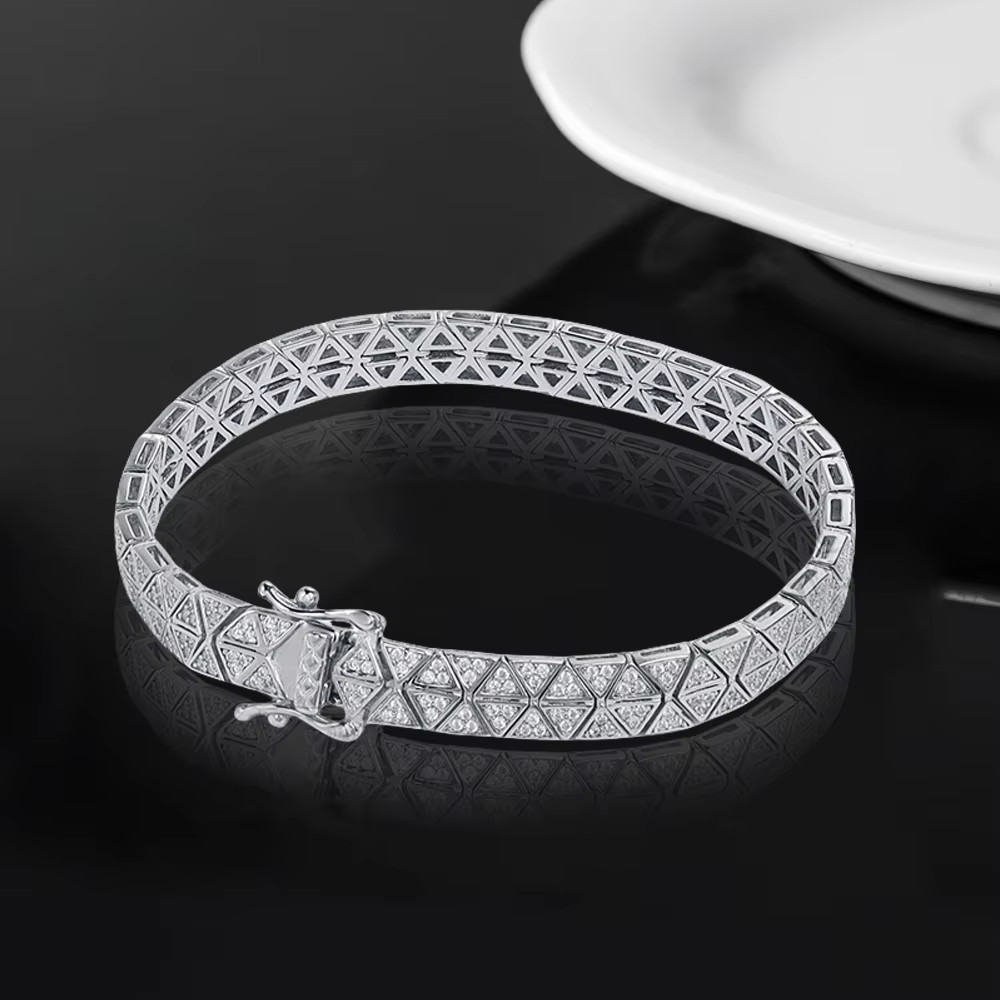 Full Round Moissanite Cuban Bracelet Triangle shape Chain 925 Sterling Silver