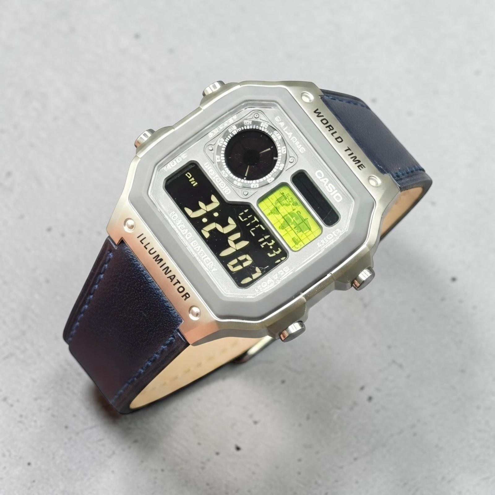 Silver CASIO AE-1200WHD. Royale Watch Mod. Negative Display. Green World Map