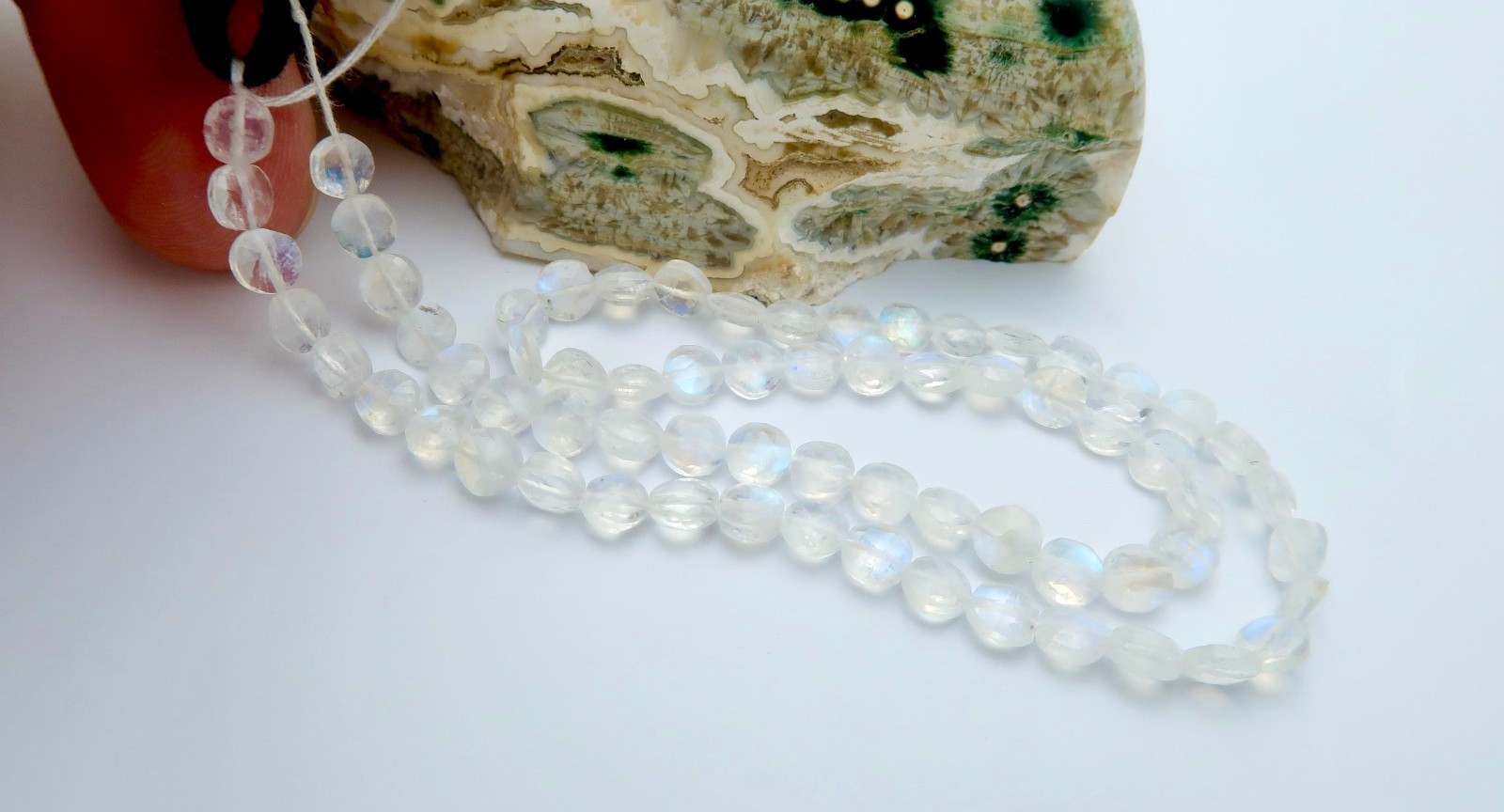 FULL STRAND STUNNING AAAA BLUE TEAL FALSH MOONSTONE 4.3-4.6mm FACETED COIN BEADS