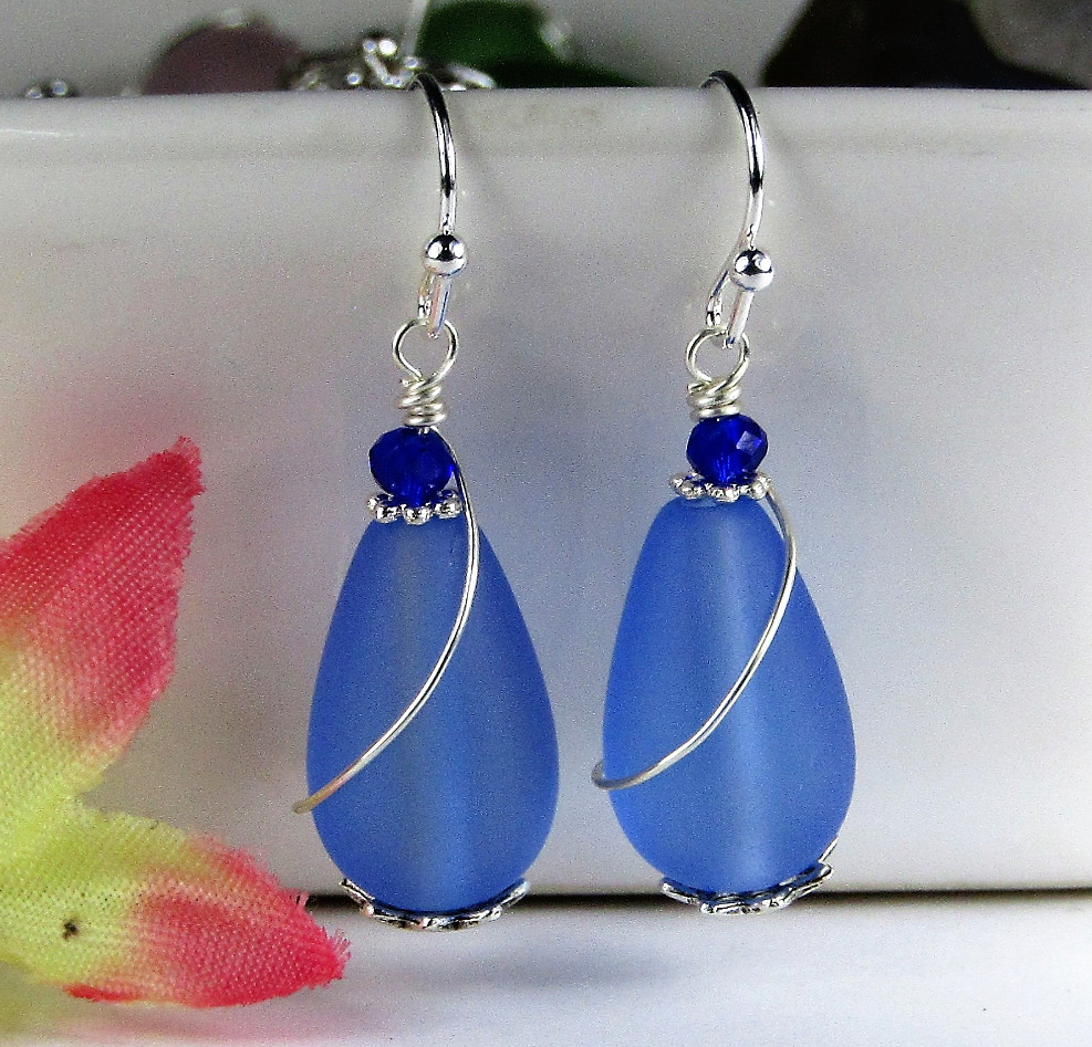 Teardrop-Shaped Frosted Sea Glass Silver Swirl Wire Ladies Dangle Earrings