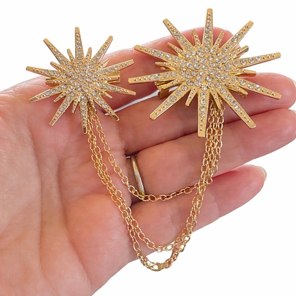Gold Starburst Double Brooch Pin Set w/ Chain Draped Rhinestone Celestial