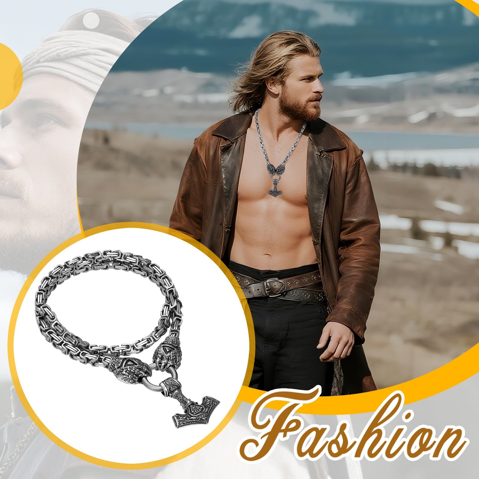 Men’s Viking Thor’s Hammer Stainless Steel Necklace Bear Claw Byzantine Chain