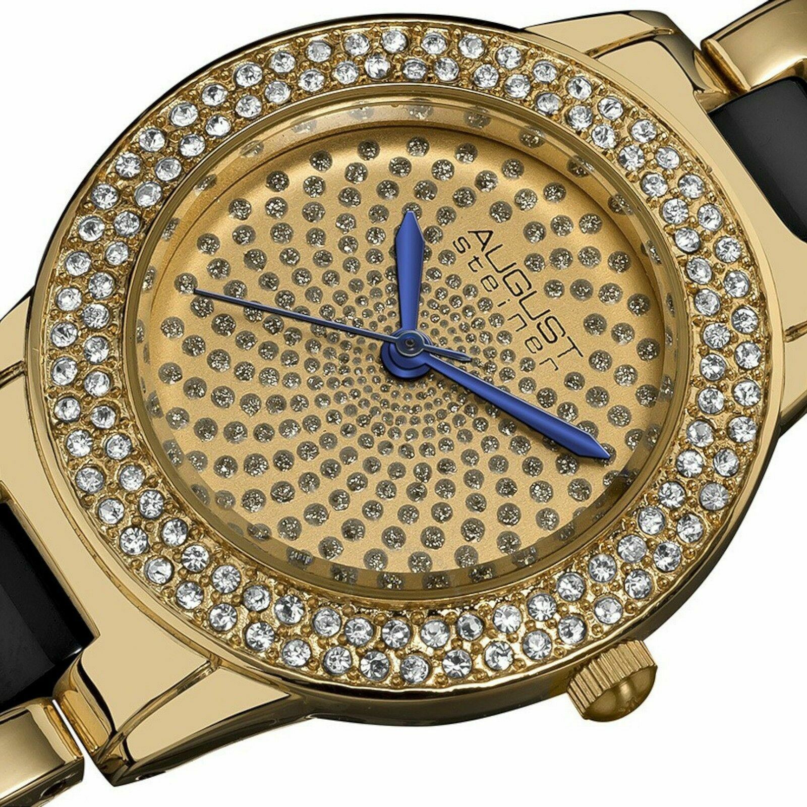 NEW August Steiner AS8052YG Women’s Crystal Glitz Gold/Black Metal Ceramic Watch
