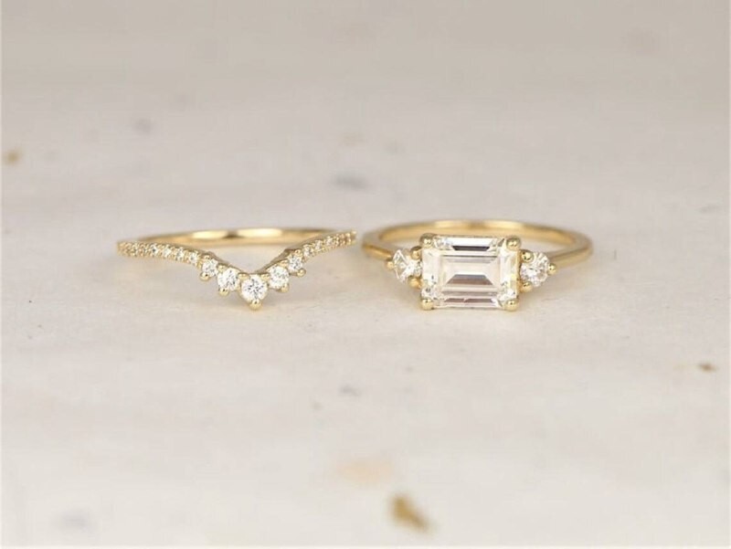 3Ct Emerald Cut Simulated Diamond Curved Bridal Ring Set 14k Yellow Gold Plated
