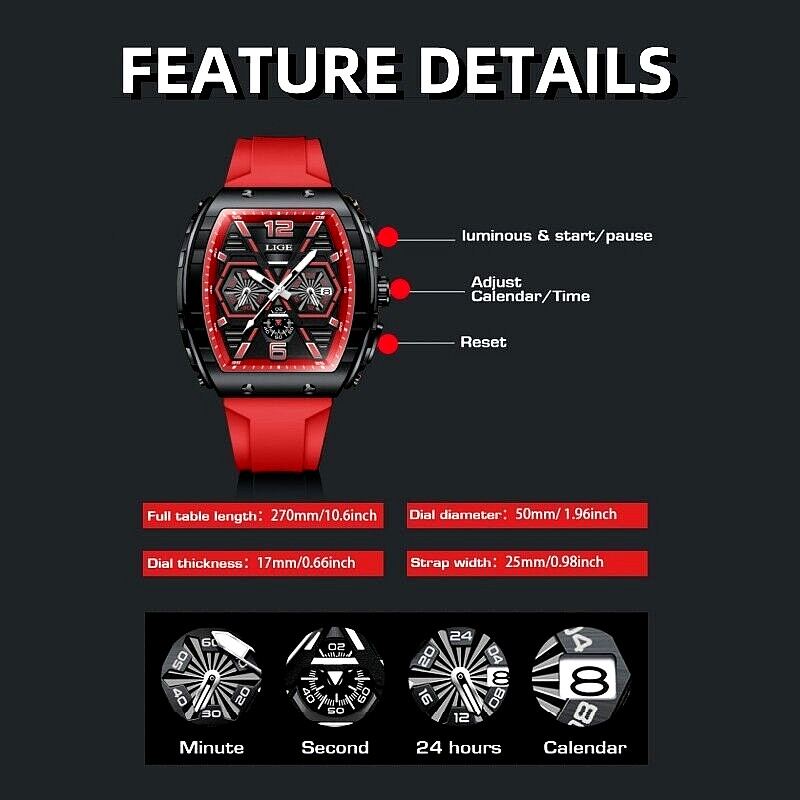 Luxury Men’s Watch Quartz Date Big Square Dial Diver Sport Waterproof Wristwatch