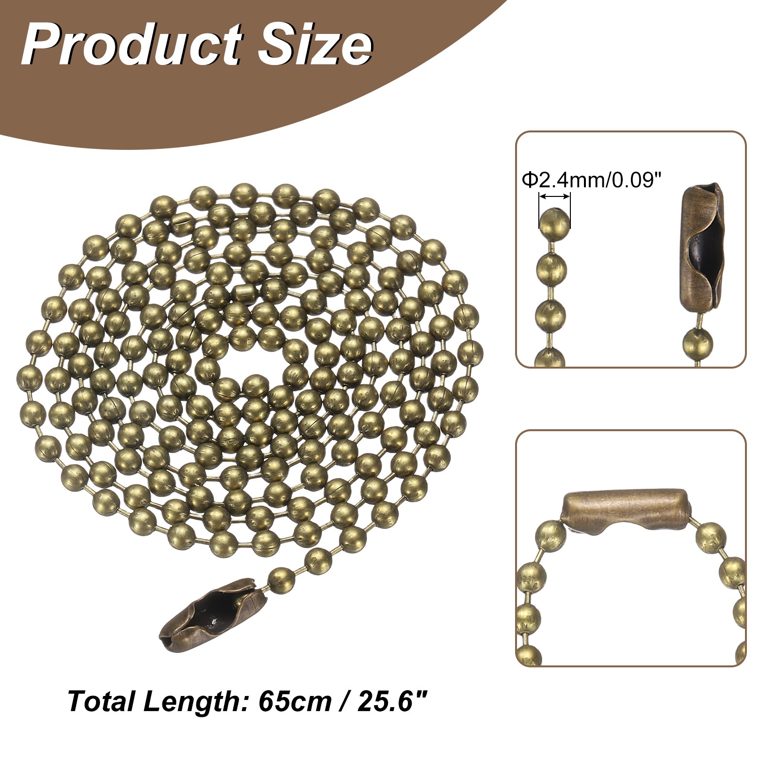 25.6″ Length Stainless Steel Ball Chain 2.4mm Dia Bronze Bead Necklace for DIY