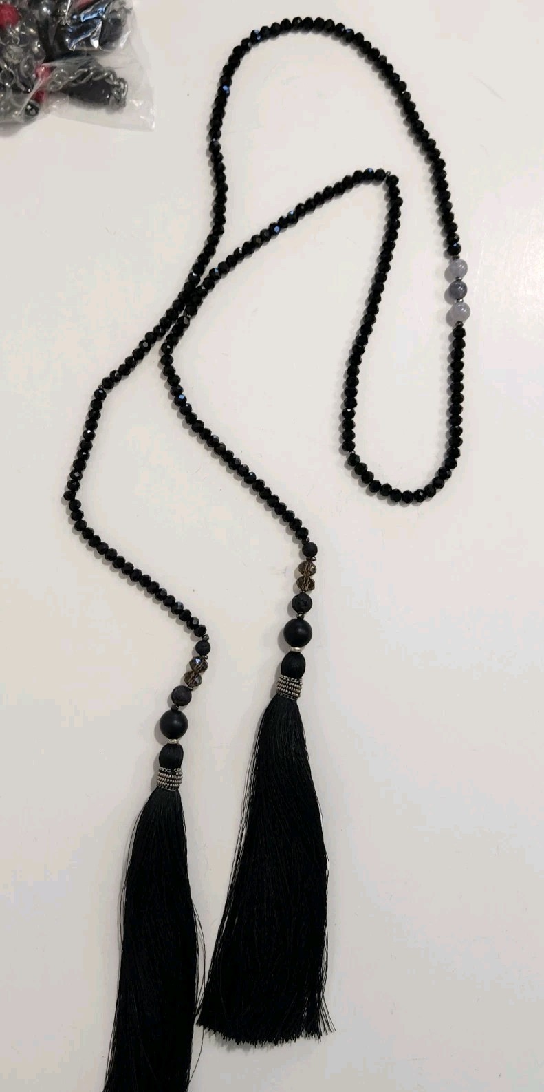 Long Black Crystal Beaded Tassel Lariat Necklace Silver Tone Accents 52″ Flapper
