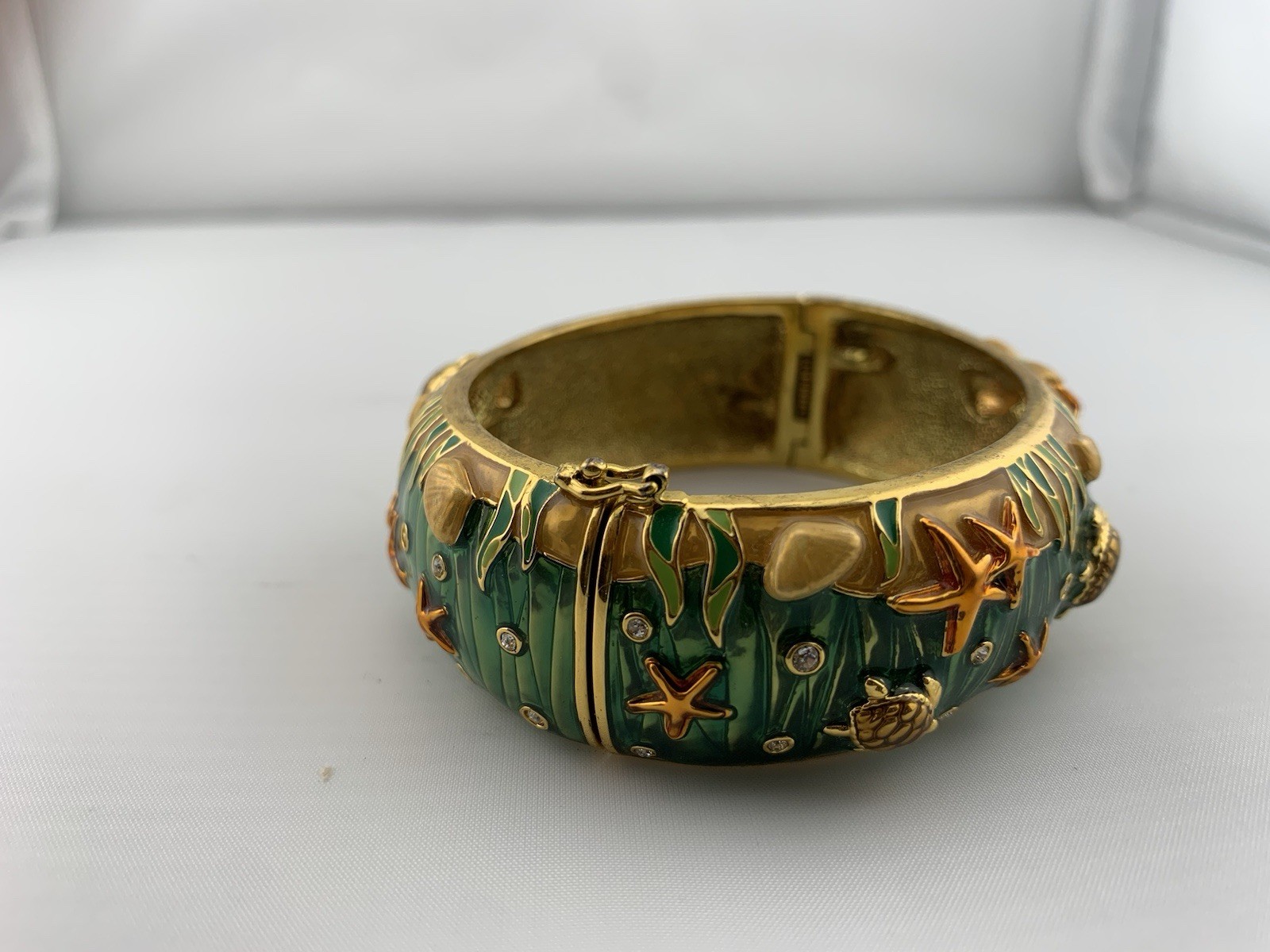 Vintage Koi Fish Enamel Hinged Bangle Bracelet Green Gold Tone Rhinestone Cuff