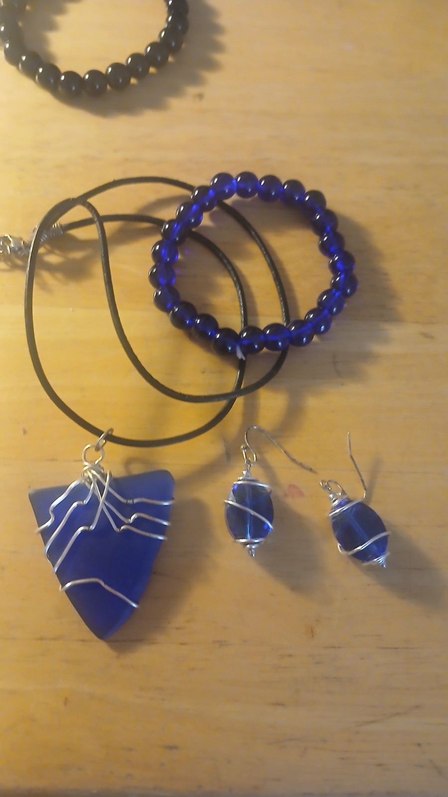 3 piece jewelry/blue beads bracelets/earrings/ wrapped blue stone necklace