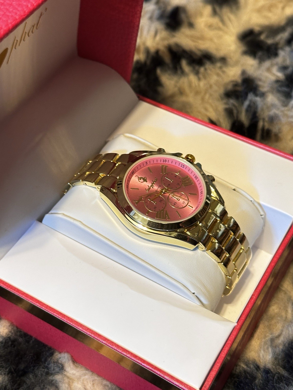 Baby Phat Quartz Chronograph Pink Dial Gold-Tone Metal Bracelet Watch w/ Box