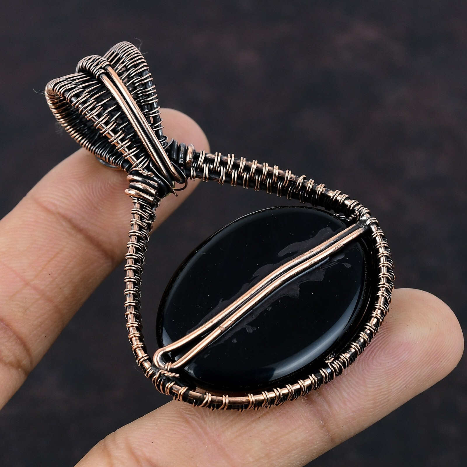 Black Onyx Wire Wrapped Pendant Handcrafted Copper Dailywear Jewelry 2.68″