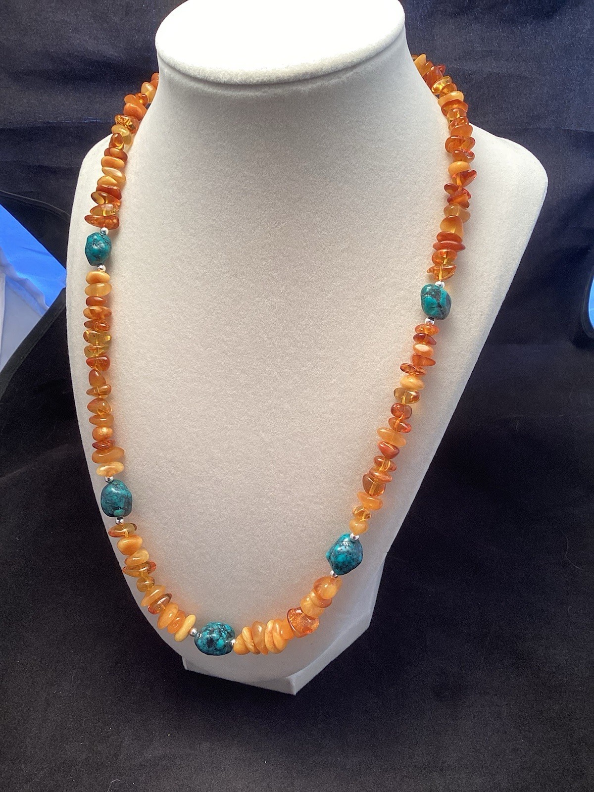Sterling Silver Amber And Turquoise Pebble Chip Necklace 21.5-22”