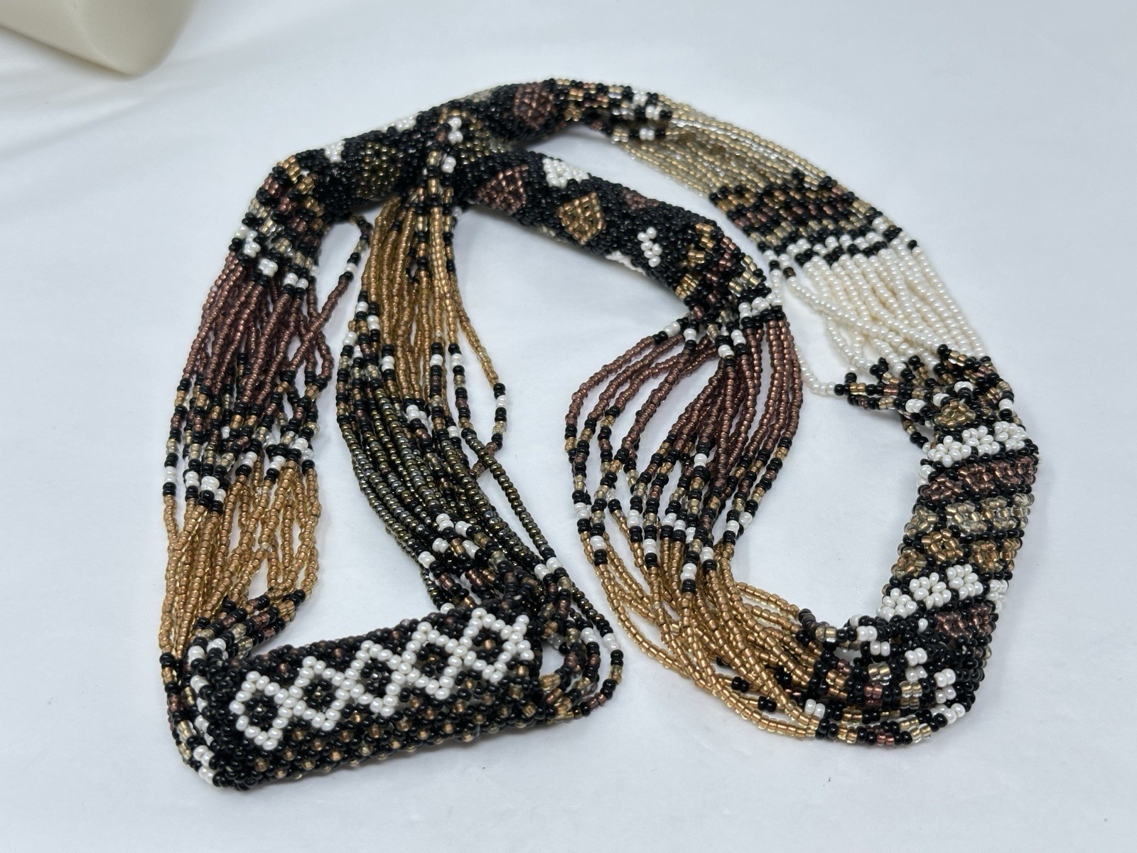 Vintage Multicolor White Gold Black Glass Seed Bead 26″ Necklace