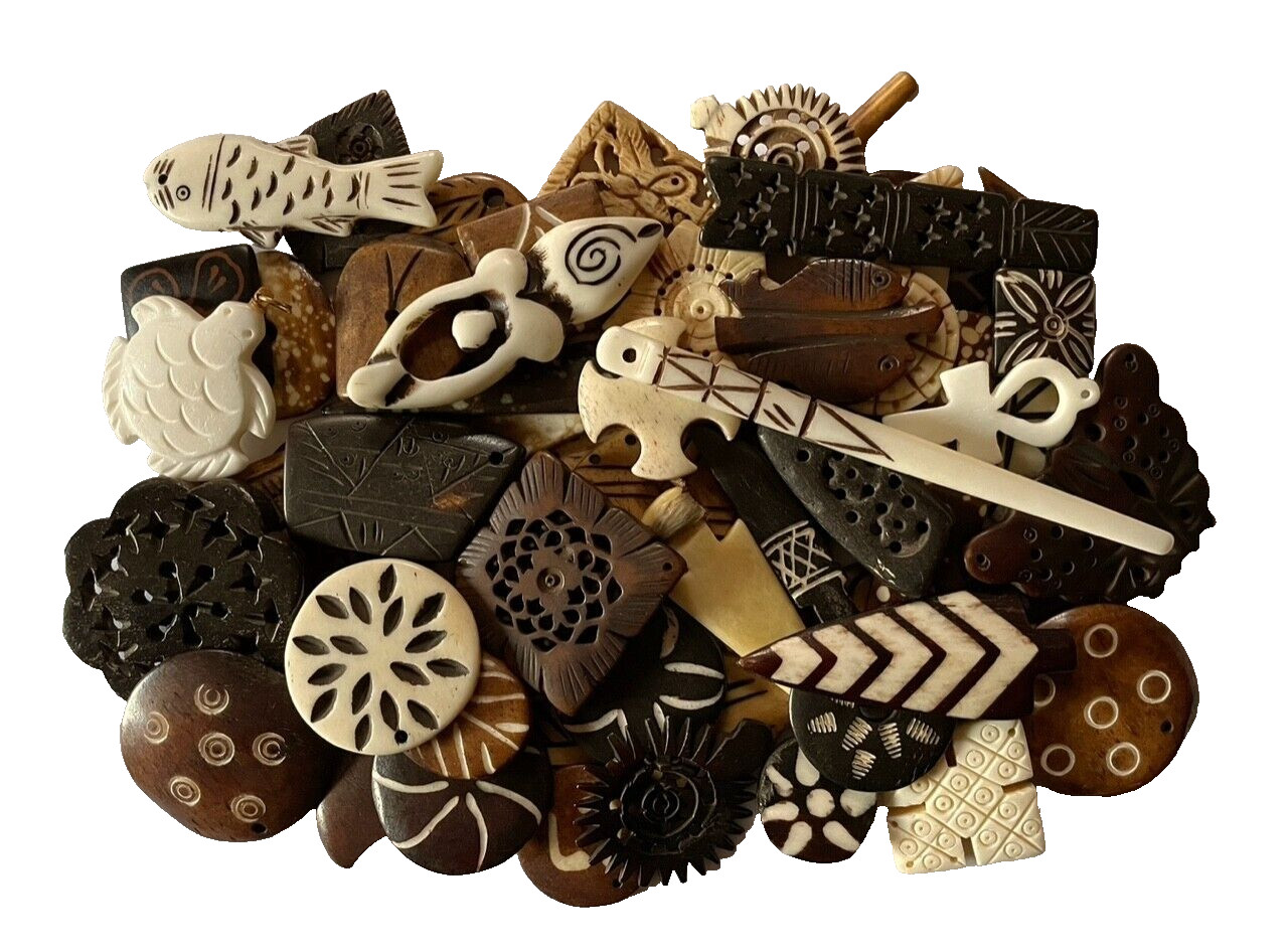 Water Buffalo Bone, Asst, Pendants or Beads, 36+ Pcs, 1 to 2″, Etched or Carved