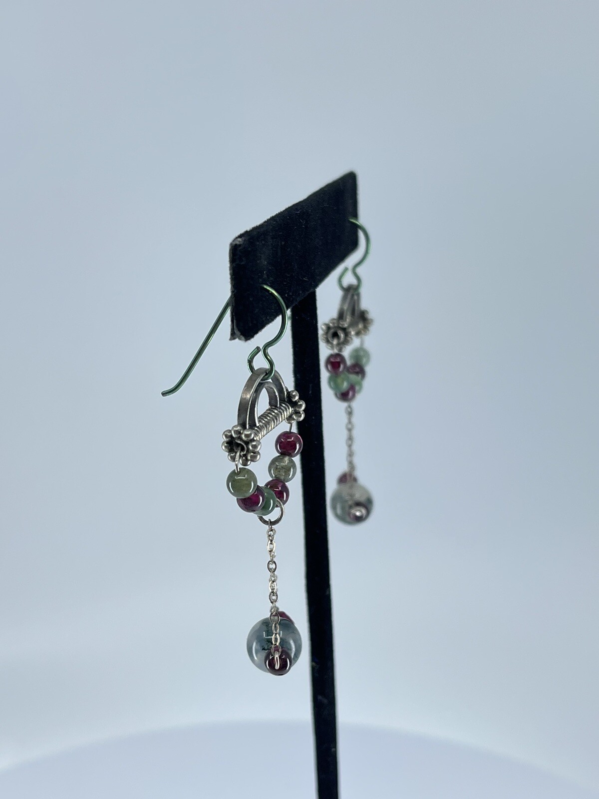 Sterling Silver Dangle pierced Earrings small lightweight round polished stones