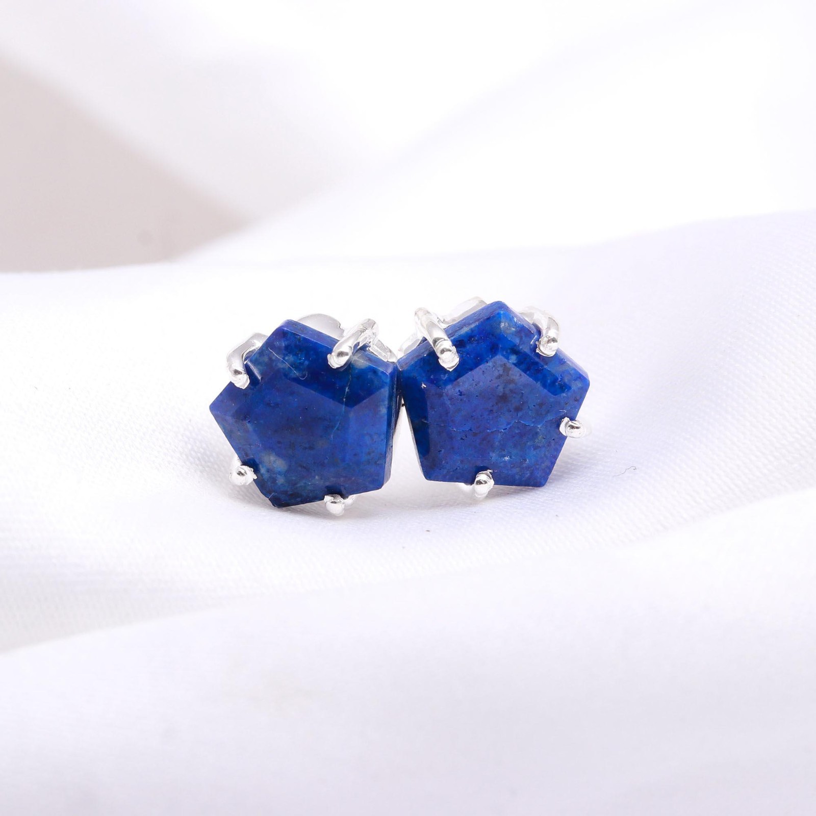 Natural Lapis Lazuli Pentagon Stud Earrings 925 Sterling Silver Handmade Jewelry