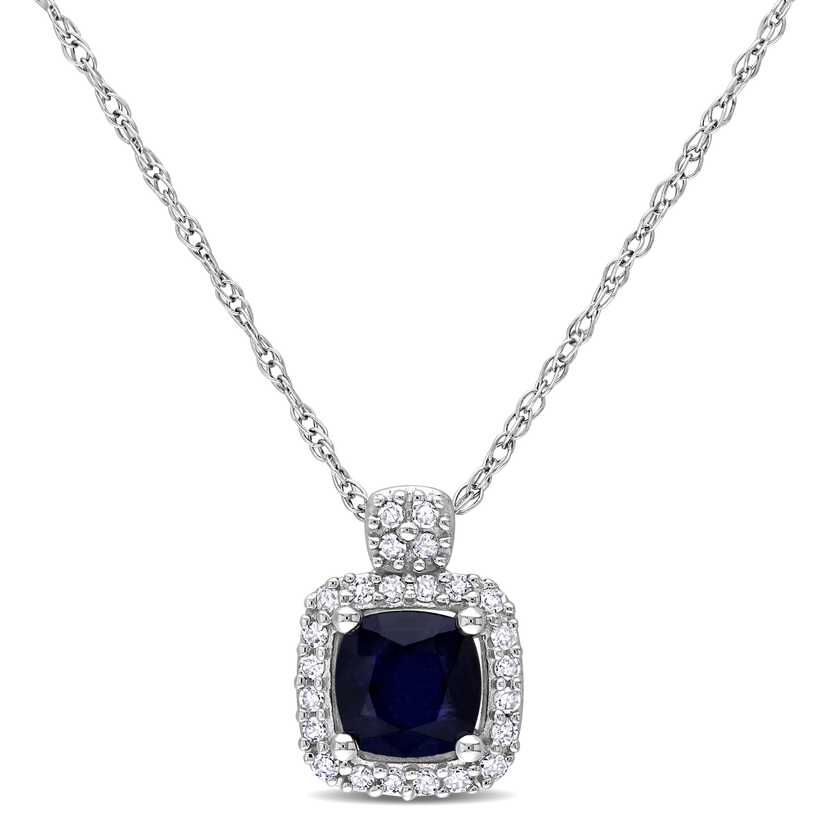 Amour 10K White Gold Diffused Sapphire 1/10CT TDW Diamond Halo Pendant – 17 in.