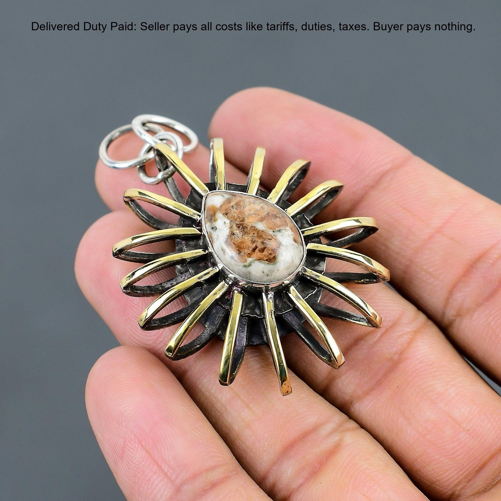 Spessartine Garnet in Limestone Gemstone 925 Silver Cage 18K Gold Plated Pendant