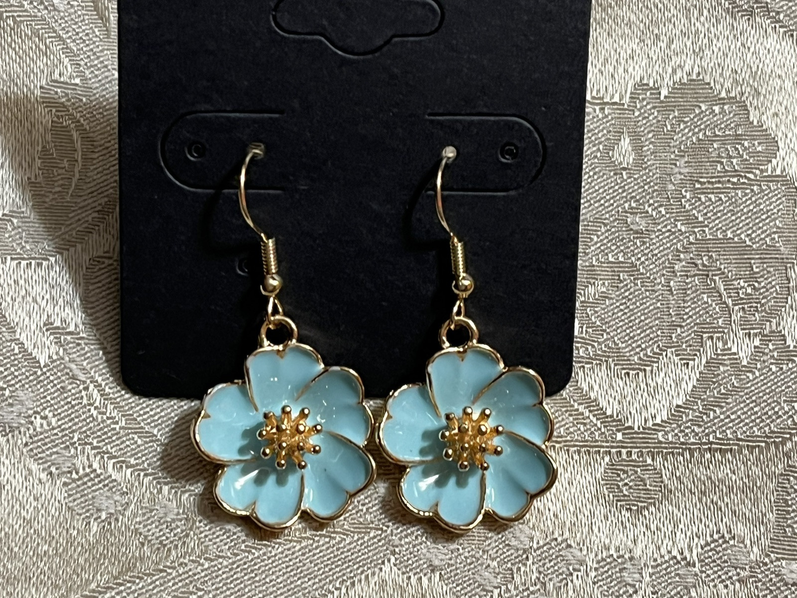 Vintage Blue Floral Enamel Gold Dangle Fashion Bohemian Casual Fun Earrings