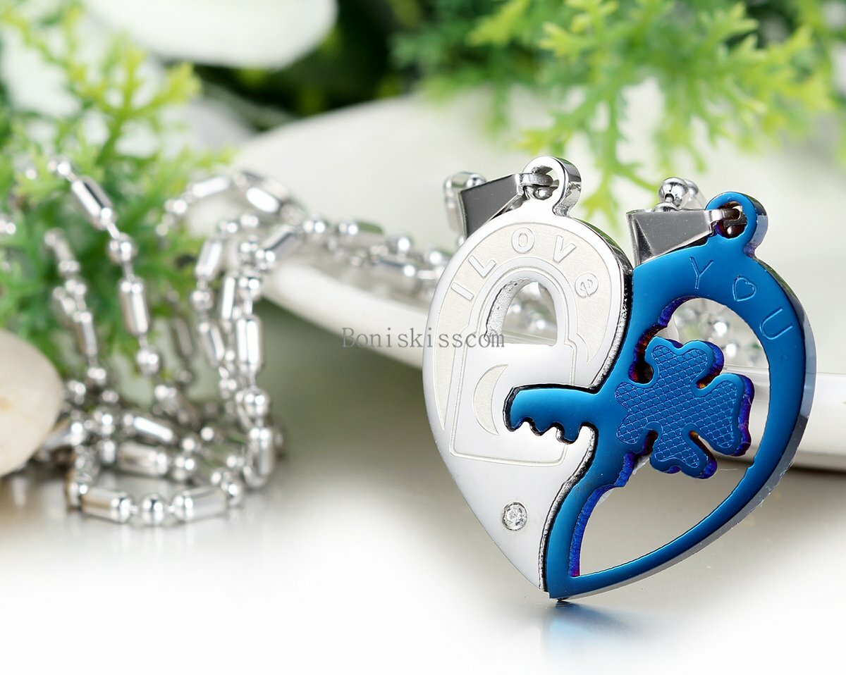 His and Hers Stainless Steel I Love You Heart Lock & Key Couple Pendant Necklace