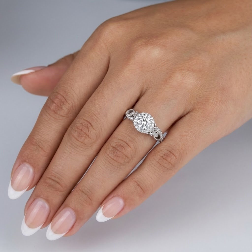 Side Stone Engagement Ring 14K Gold Halo 1.12 CT Round Lab-Grown Diamond D VS1