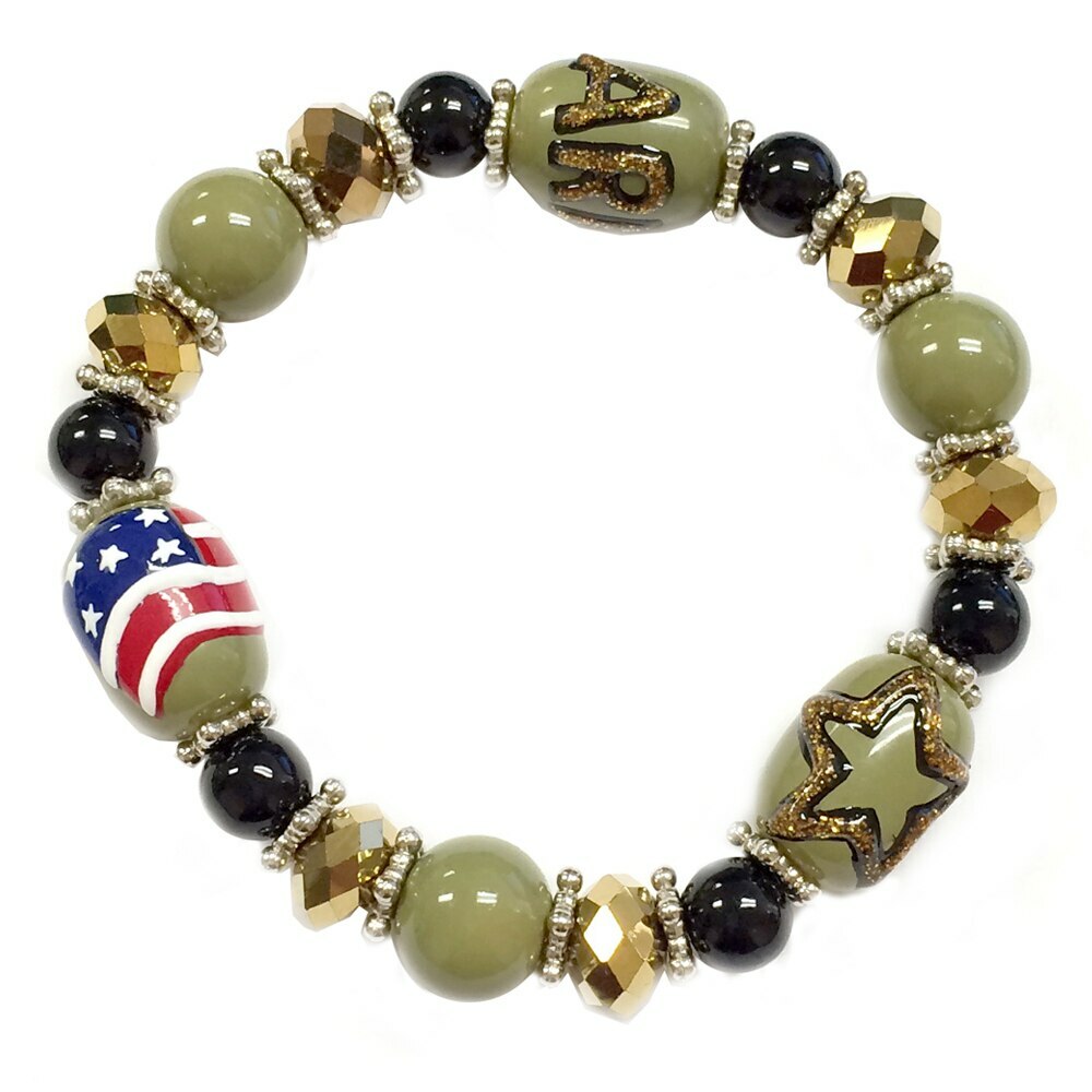US Army Bracelet Handmade Glass Beaded Woman Stretch Bracelet Green Military