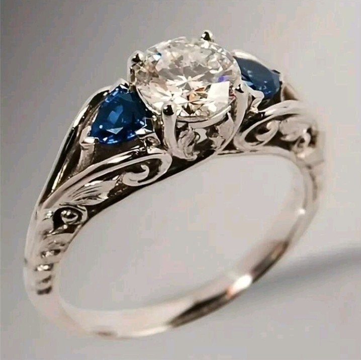 Silver Plated Zinc Round White/Colorless & 2 Blue Cubic Zirconia Ring Size 5