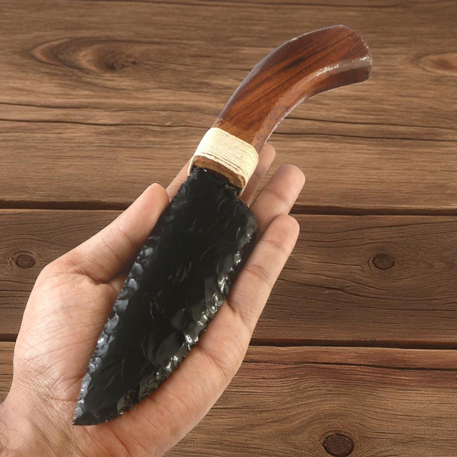 10″ Black Obsidian Glass Knife – Handmade Crystal Blade with Wooden Handle