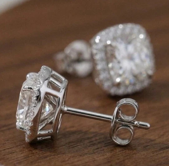 4 CT Cushion F-VS1 Lab Grown Diamond Women Wedding Stud Earrings 14K White Gold