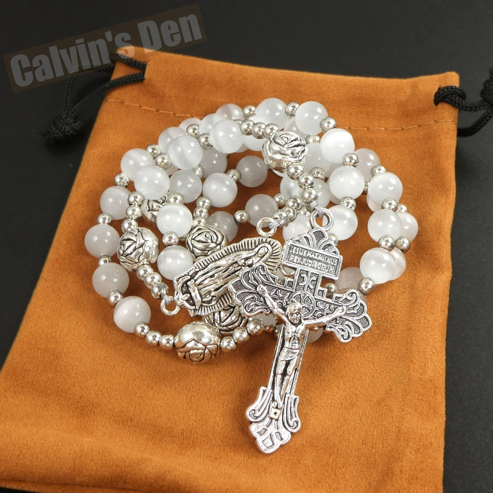 Our Lady Of Guadalupe Crucifix Rosary Necklace White Cat’s Eye Bead Men Women