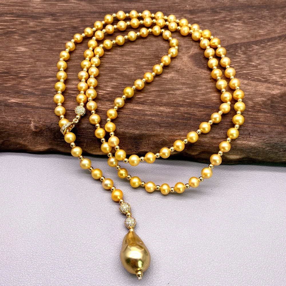 Cultured AA Grade Golden Pearl Gold Plated Baroque Pearl Long Necklace 36″