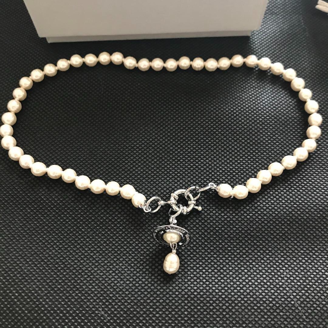 Vivienne Westwood ALEKSA Pearl ORB Necklace 38cm Silver with drawstring