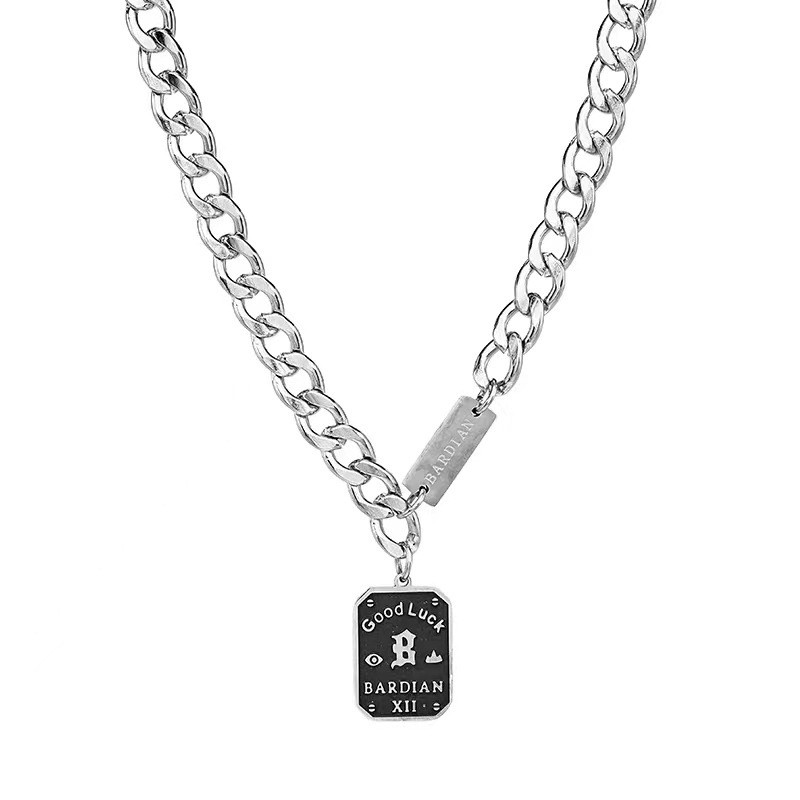 Minimal Figaro Chain Tag Pendant Necklace Stainless Silver Tone Unisex Jewelry