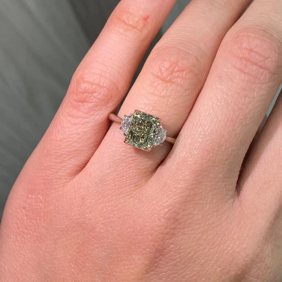 3.81CT Radiant Lab Grown Fancy Vivid Diamond Three Stone Ring Size 7 14k Gold