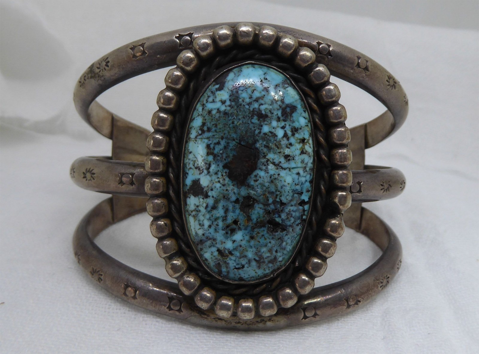 Vintage Navajo Sterling & Large Turquoise Cuff – Heavy 114g – Old Pawn Patina