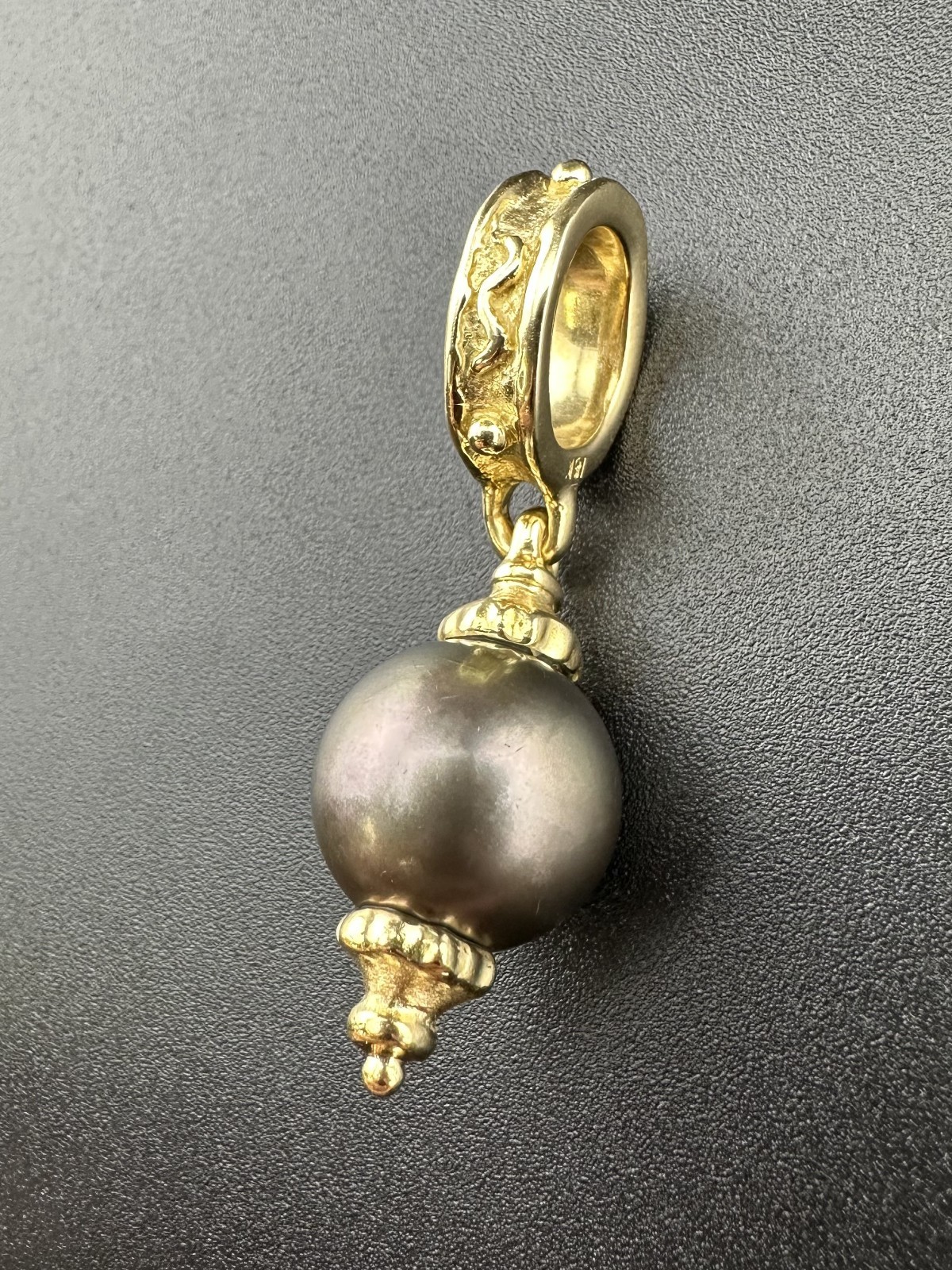 18k Yellow Gold 15.4mm Large Tahitian Black Pearl Dangle Charm Pendant