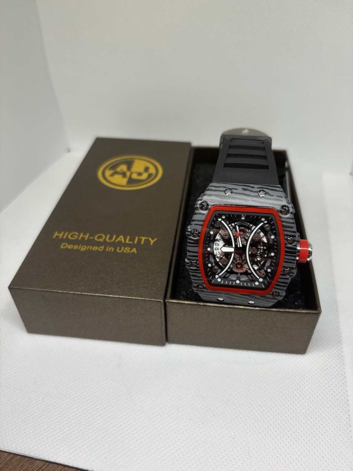 MENS Luxury Skeleton Quartz Watch Gray Carbon Style Red Bezel Box & Papers