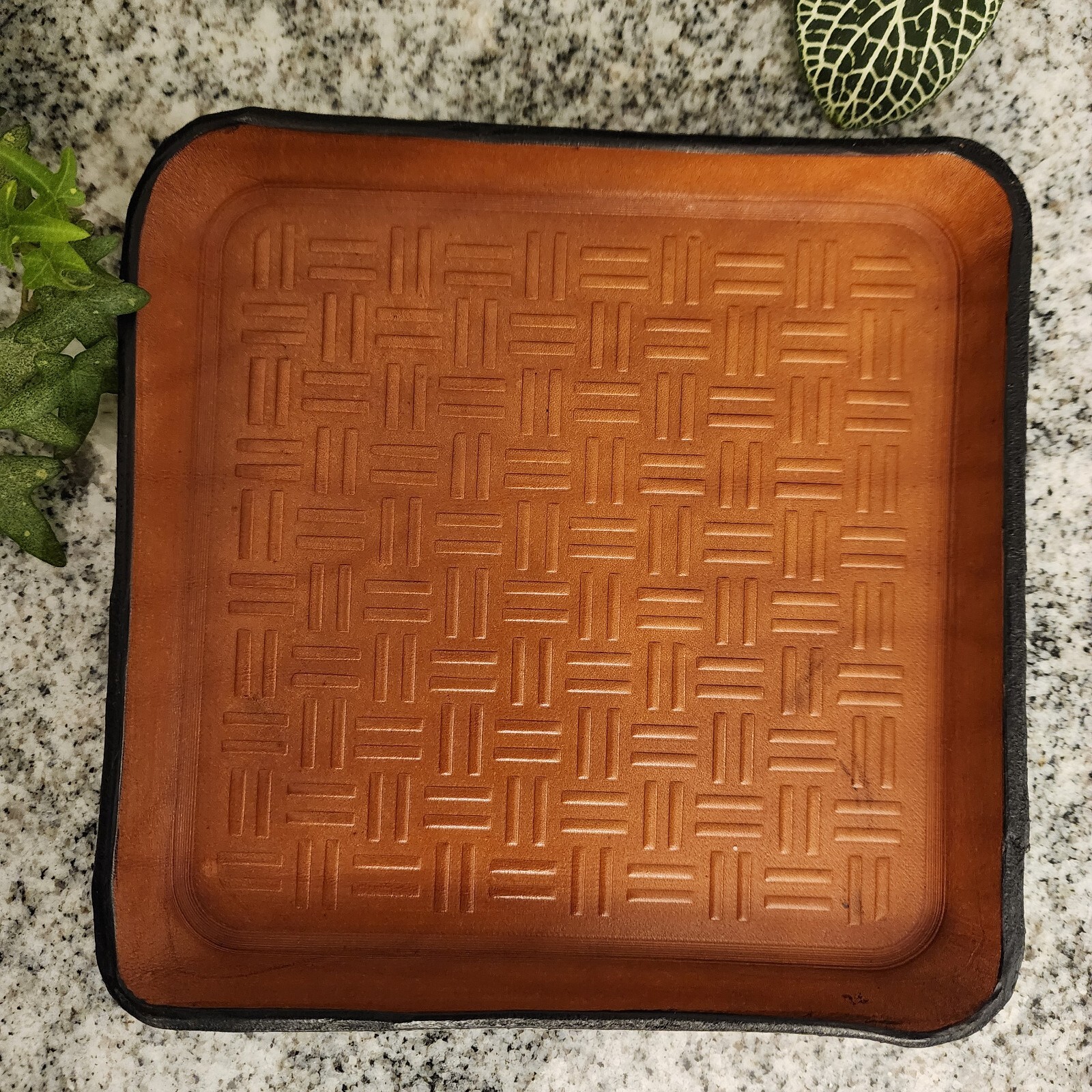 leather valet tray, embossed 8 oz tan leather catchall tray, organizer tray.