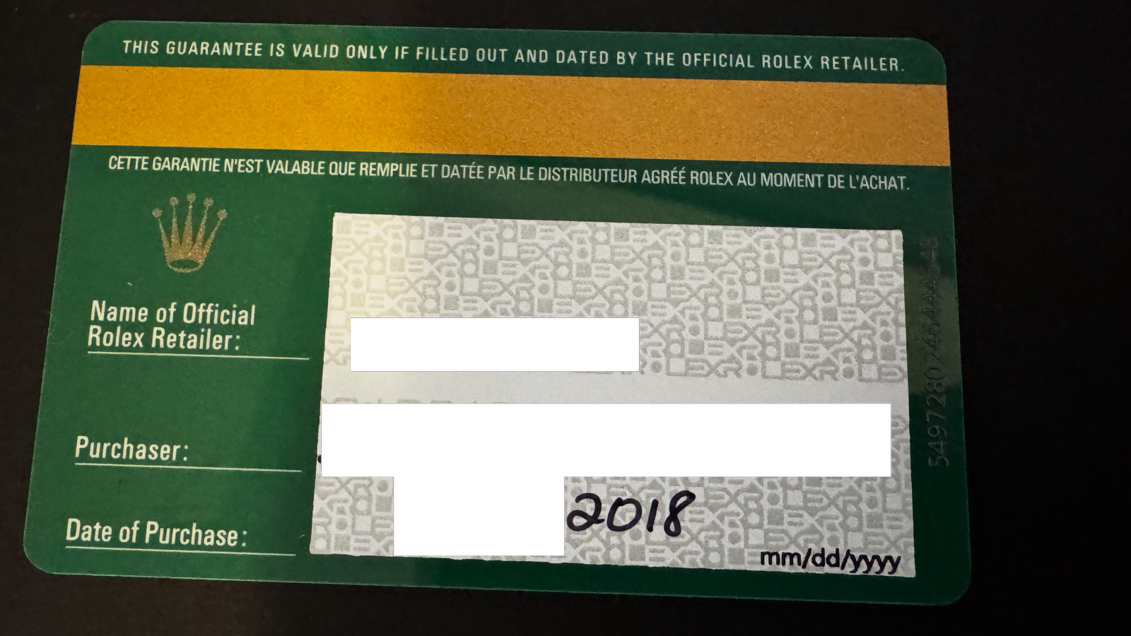 Genuine Rolex Yacht-Master 40 116621 Warranty Guarantee Card Authentic OEM Card