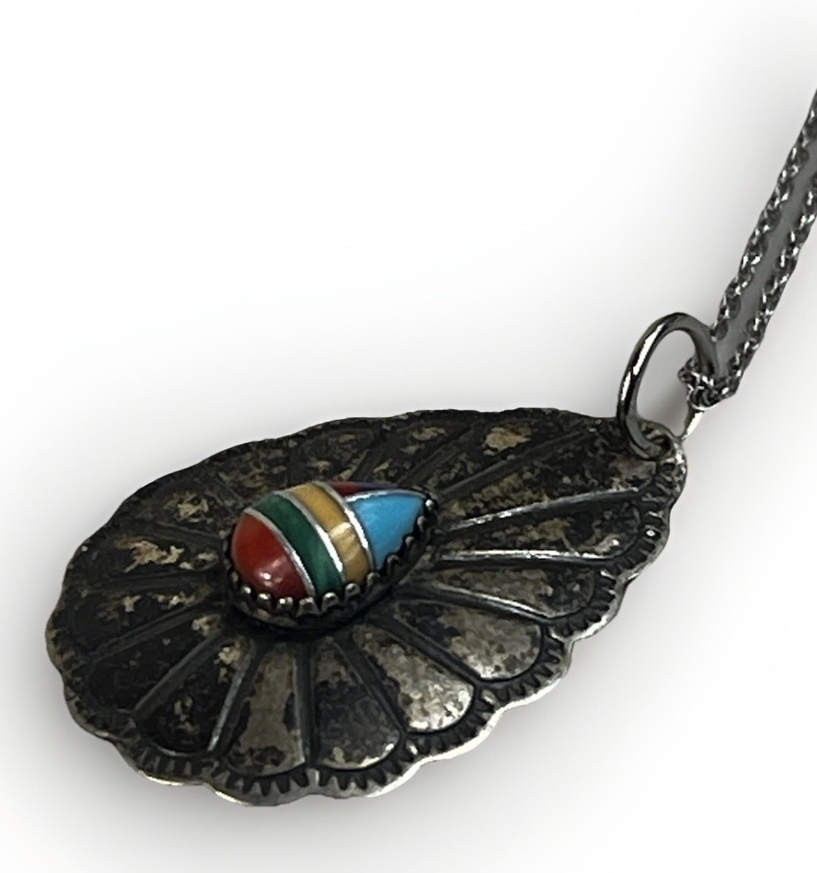 Vintage WM Co Wheeler Mfg Sterling & Multi Color Turquoise Pendant Necklace 18”