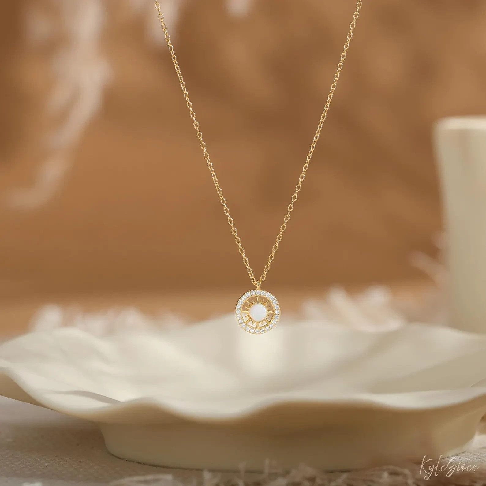 1.20Ct Round Cut White Opal Celestial Sunburst Necklace 14K Yellow Gold Plated