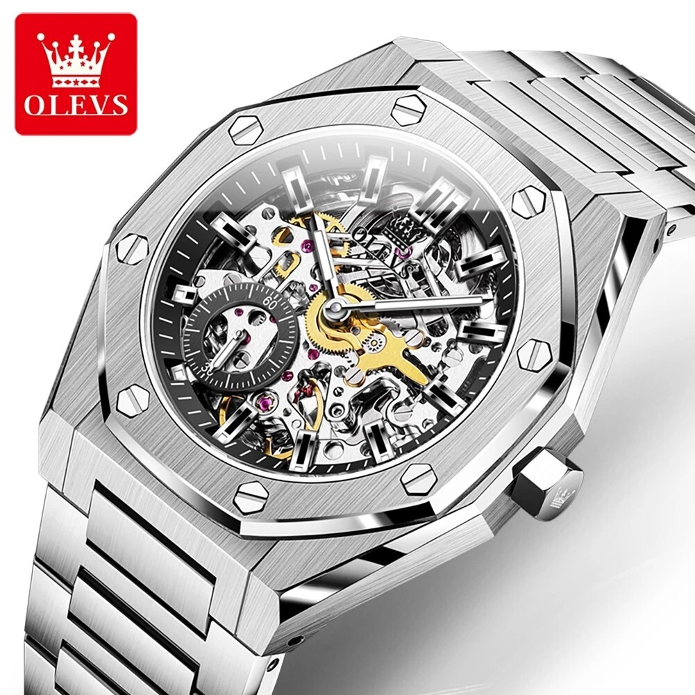 Mechanical Watch Automatic Luxury Waterproof Strap Men OLEVS Skeleton Men’s