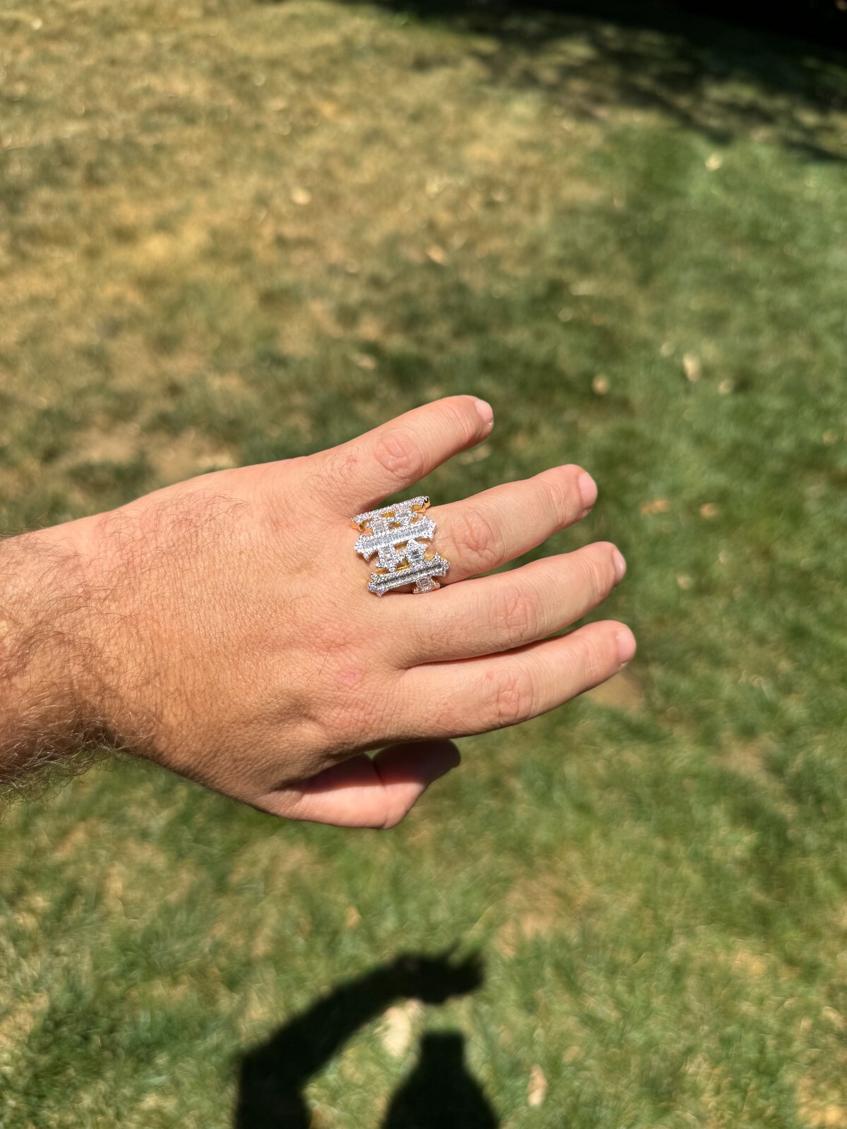 MOISSANITE Iced Real Baguette Gothic Three Cross Ring Solid 14K Gold 925 Silver