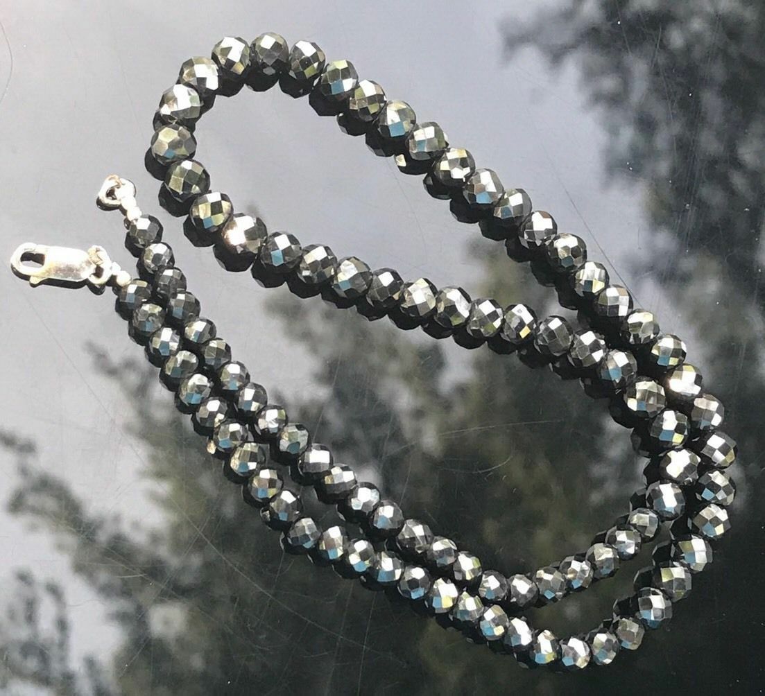 Black Diamond Necklace 4mm igr Certified Beads Silver 22 Inches Faceted 925