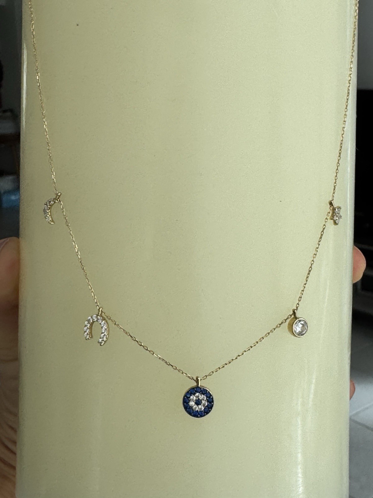 14K SOLID YELLOW GOLD NECKLACE WITH 5 CHARMS ZIRCONIA Stamped 585