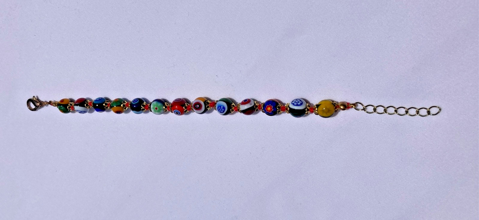 Vintage Murano Style Millefiori Glass Bead Bracelet Italy 7.5″ Hand Knotted