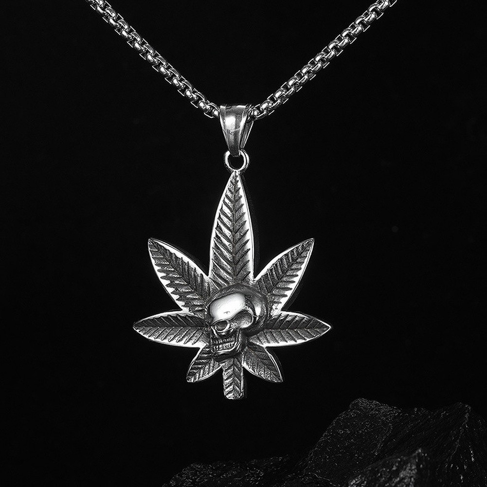Pendant Necklace Stainless Steel Leaf Antique Silver 23.62 in Men Skull N82
