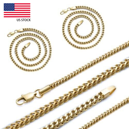 14K Gold Plated Franco Link Chain Solid Square Box Stainless Steel 2.5mm 4mm