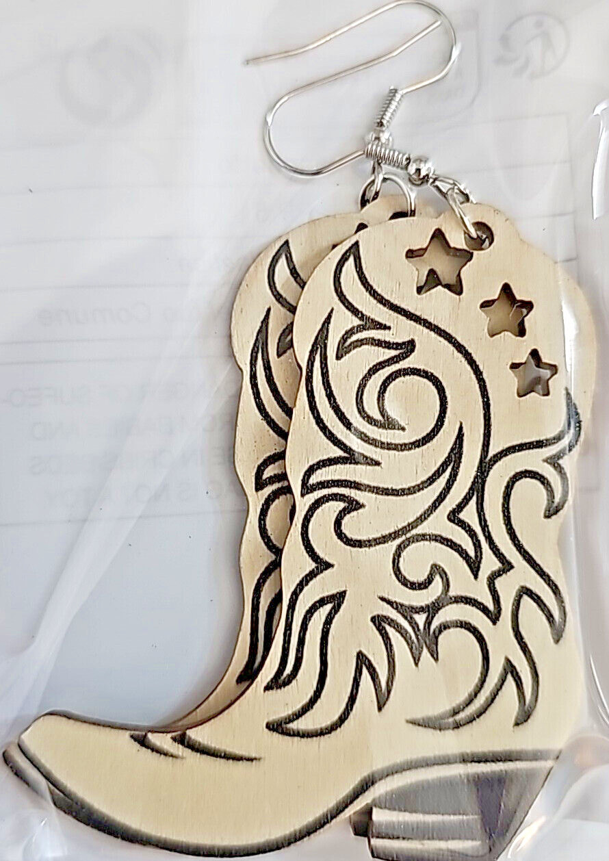 Boots Wooden 2.25″x2″ Dangle Hook Earrings Cowgirl Western Rodeo 5 Shades NEW