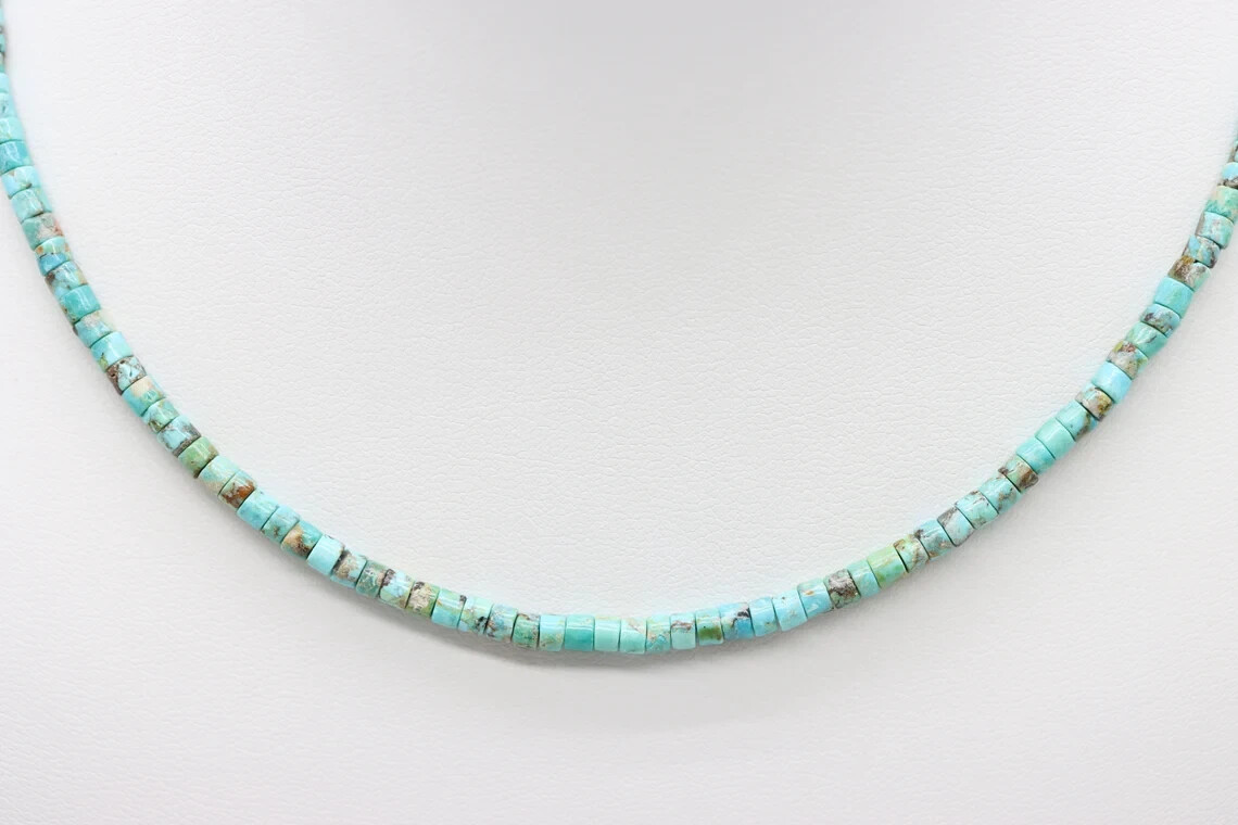 Tiny Micro 3mm Kingman Turquoise Beaded Necklace, Turquoise Heishi Bead Necklace
